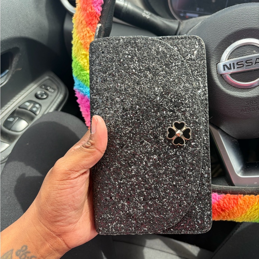kate spade Black Glitter Wallet Phone Case with Clover Accent